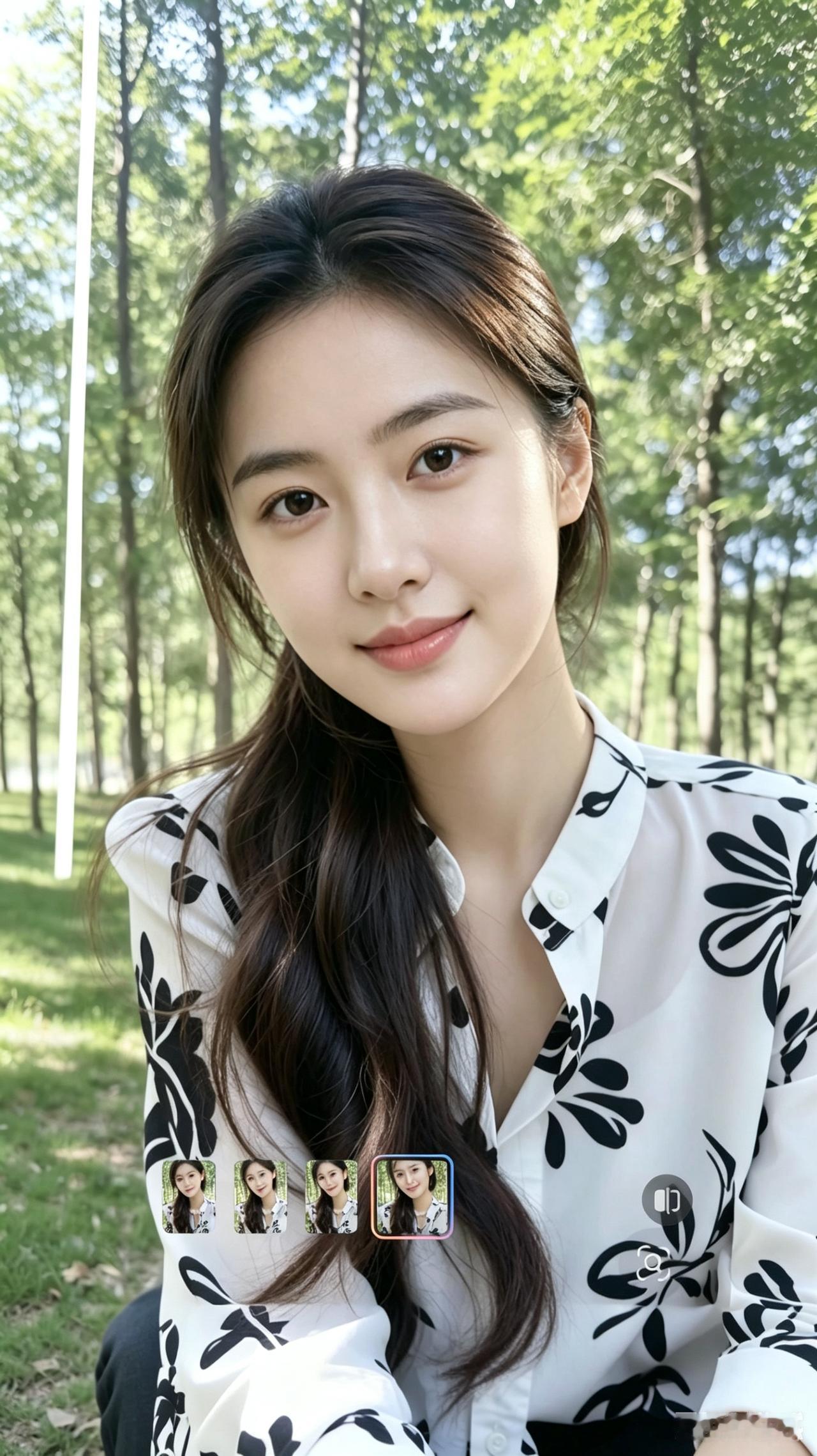 慕卿二八娇娥貌似仙，林间浅笑惹尘缘。明眸含韵藏温婉，柔发垂肩映碧天。一见倾