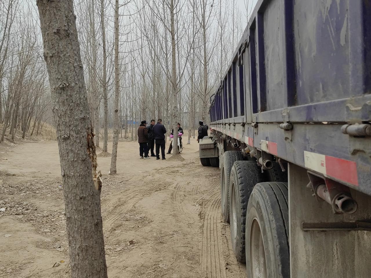 今天骑着三轮车，带着孩子去洼里玩，看到前面一辆大货车挡着道。我到前边一看，是一