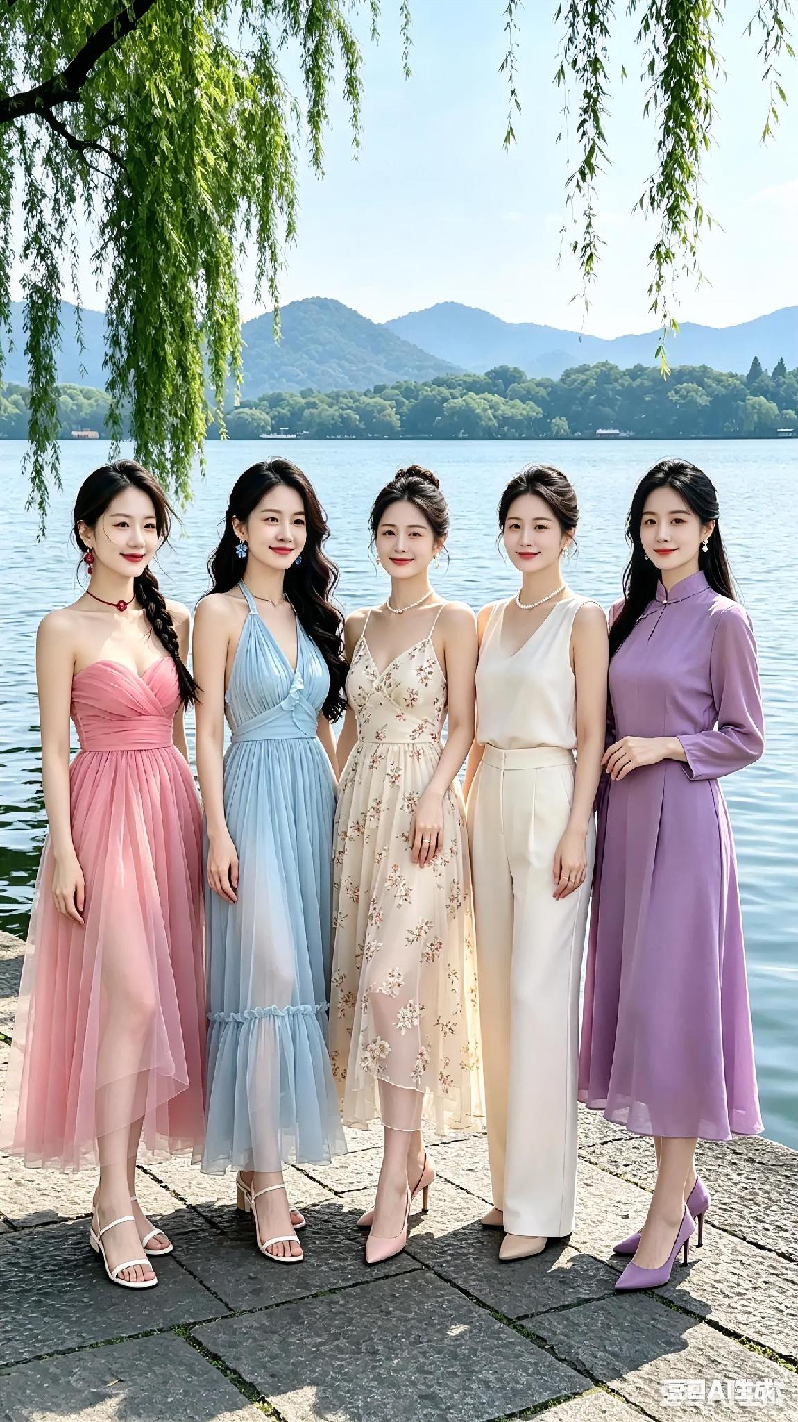 湖畔五美人，衣袂飘飘似仙。湖边汉服美人湖畔绿裙照湖畔紫裙照湖畔美人