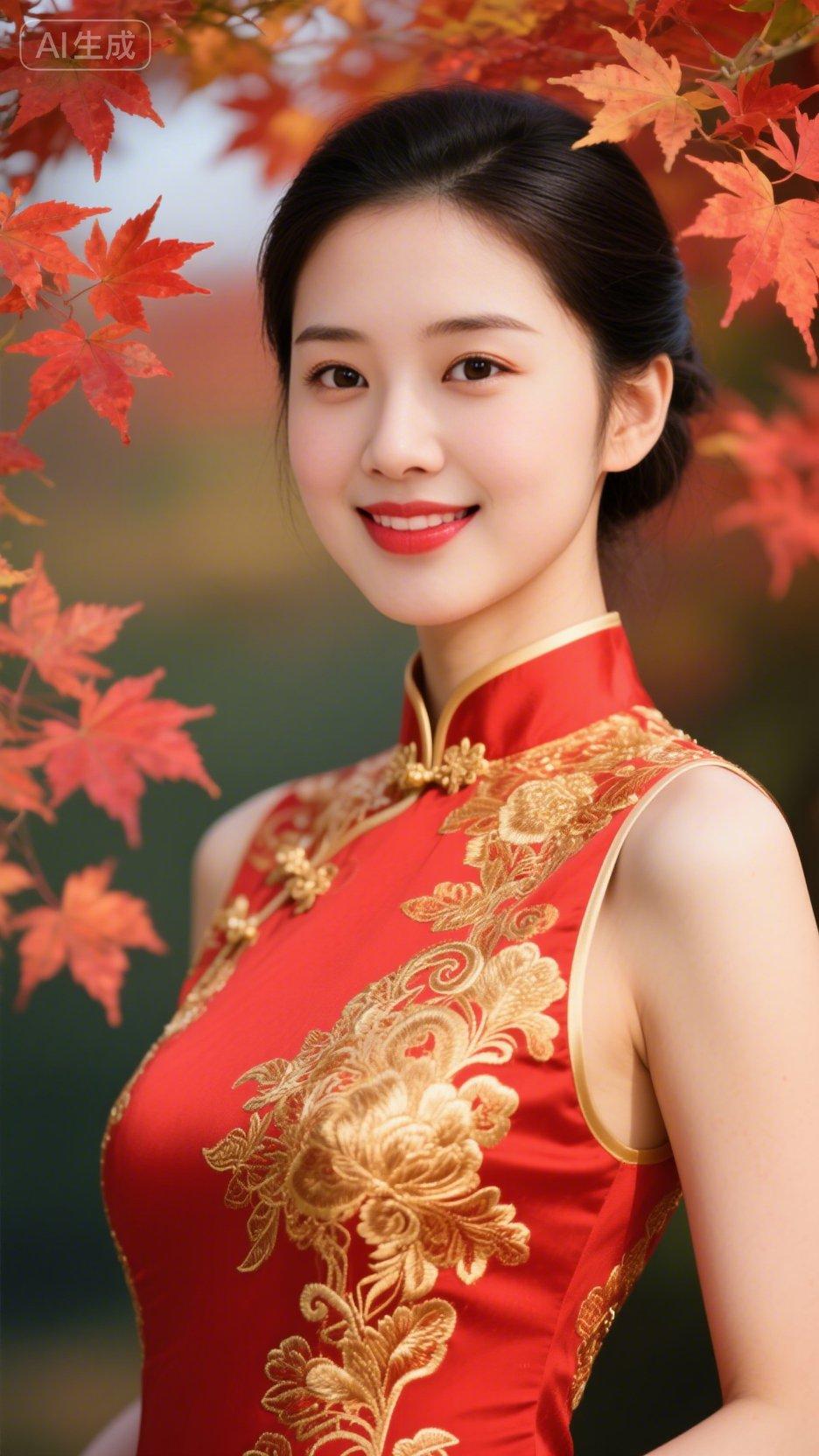 《红金遇枫》一袭红金绣牡丹，亭亭立在枫火燃。金线蟠枝藏雅韵，丹瓣