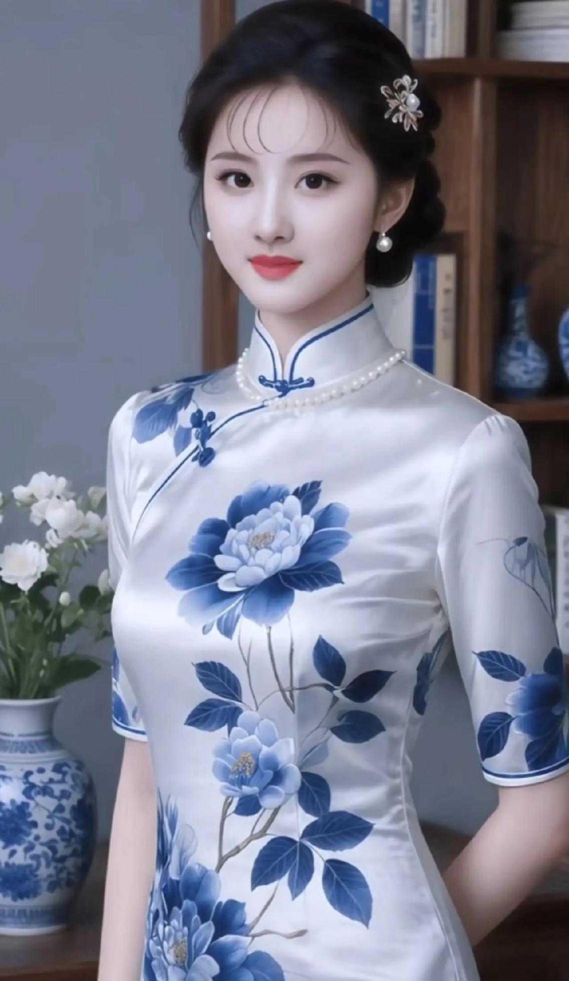 温婉优雅的旗袍，蓝白相间的花朵，尽显古典韵味。