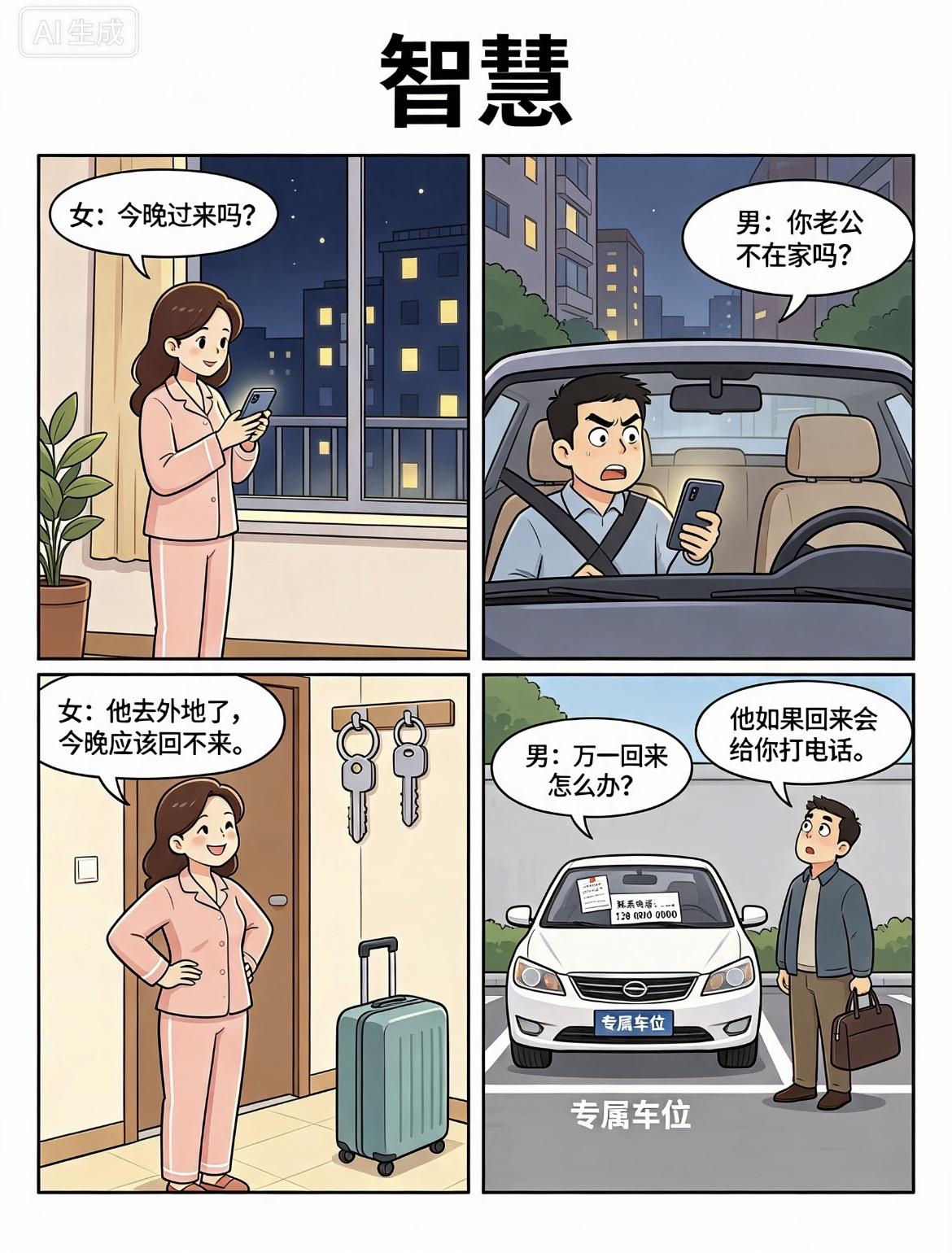 《智慧》女：今晚过来吗？男：你老公不在家吗？女：他去外地了，今晚应该回不来