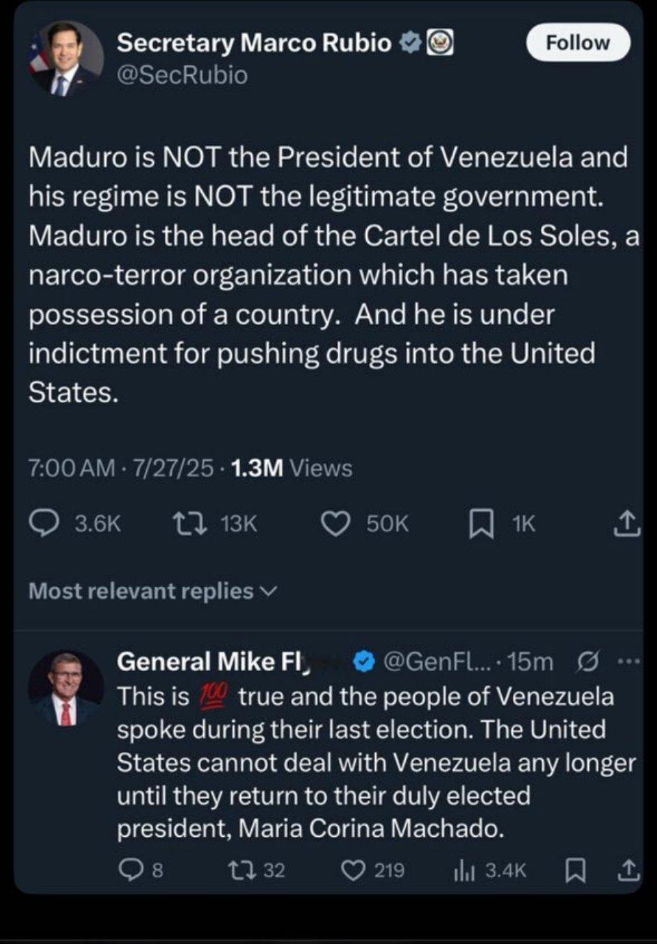 卢比奥：马杜罗不是委内瑞拉的总统，他的政权也不是合法政府。马杜罗是