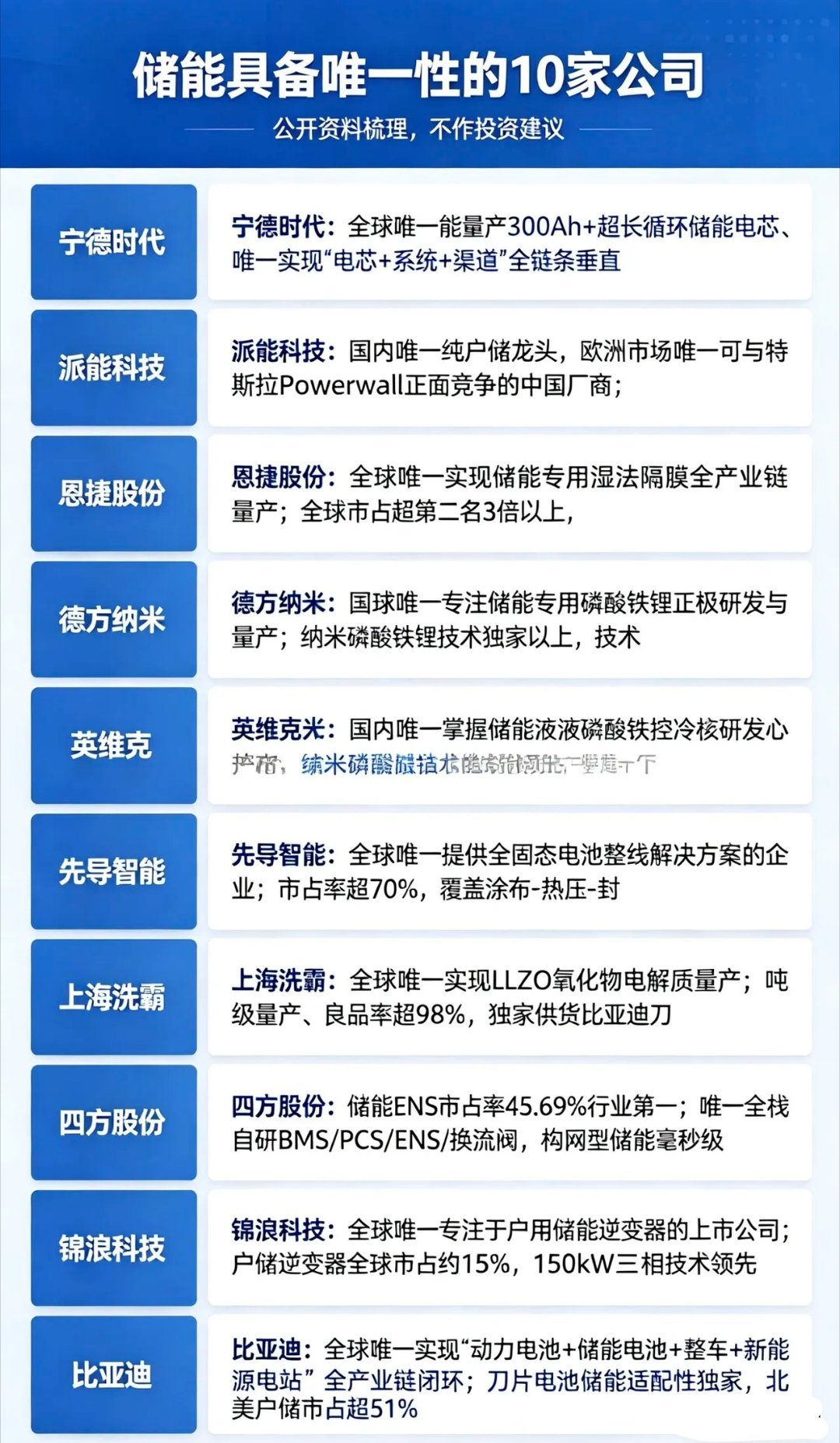 储能具备唯一性的10家公司：