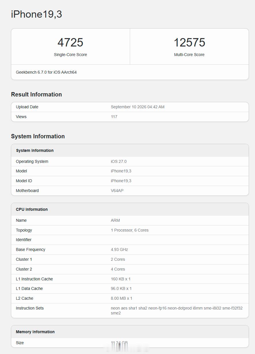 iPhone18ProMax的A20ProGeekbench6跑分出炉，单核4725分，多核1257