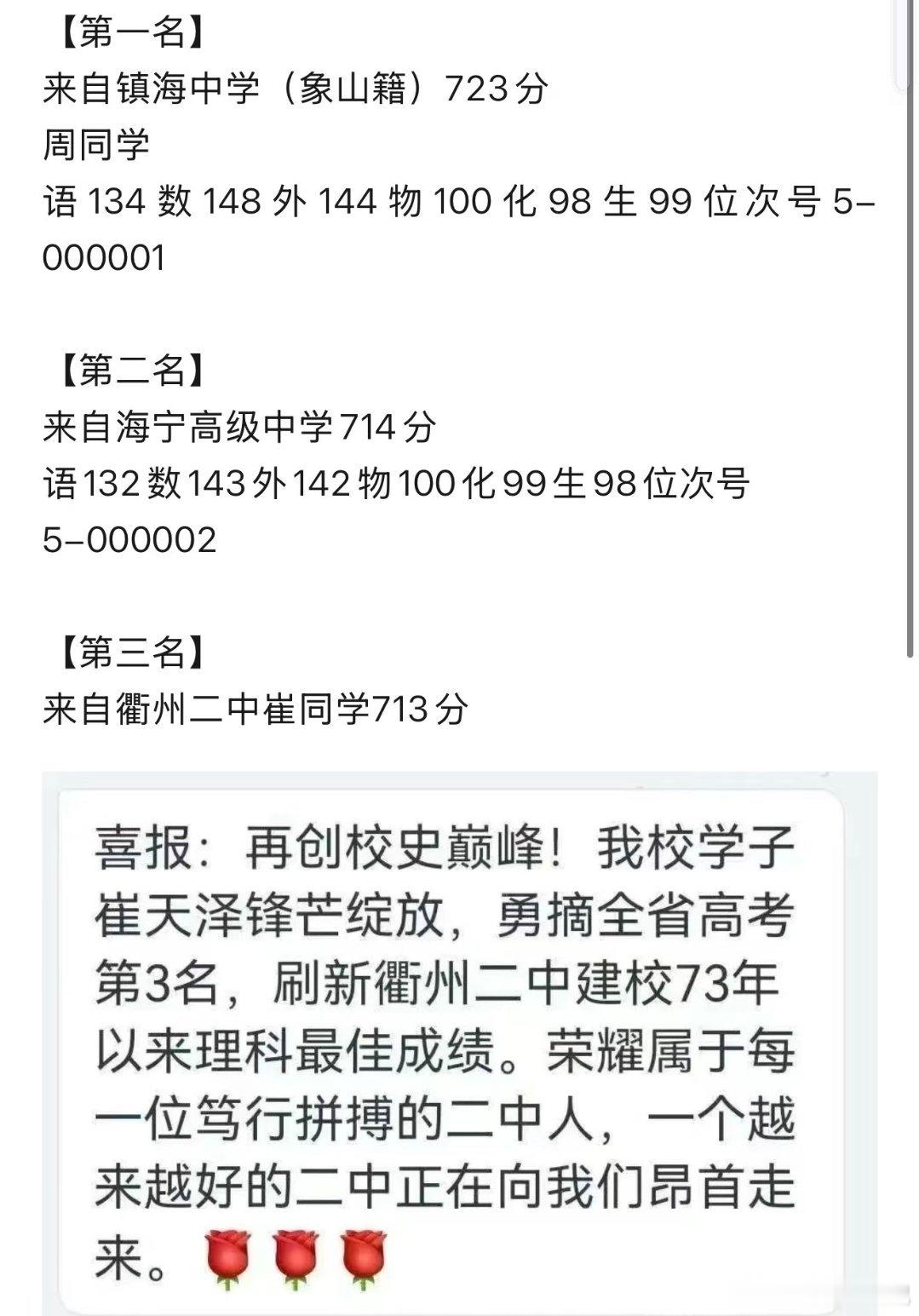 浙江高考状元镇海中学还是太权威了，浙江高考成绩第一名比第二名高了9分，据说浙江高