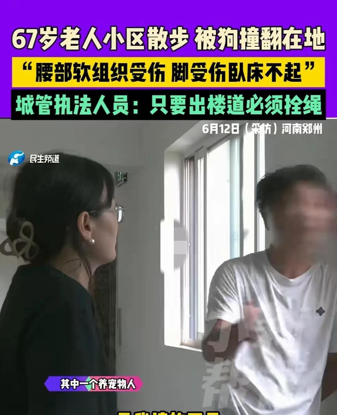 河南郑州，67岁的老人，在自家楼下正常散步，两只没栓绳的狗子，在后面跑过来撞上老