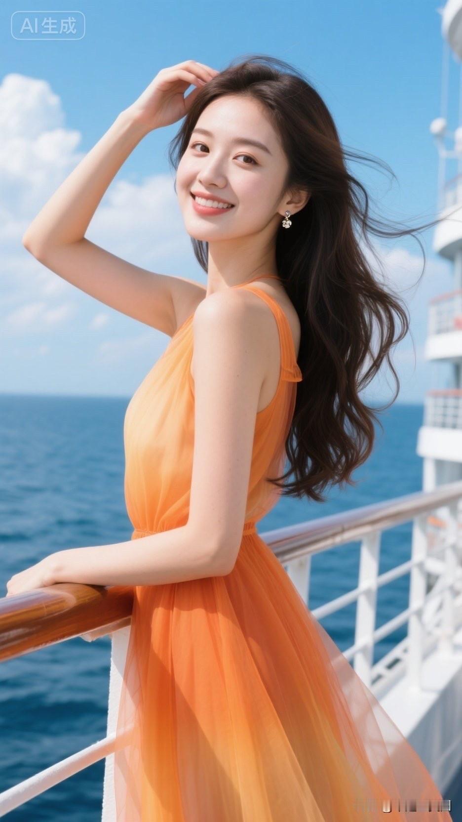 穿着橙色裙子的女孩在船上微笑。
