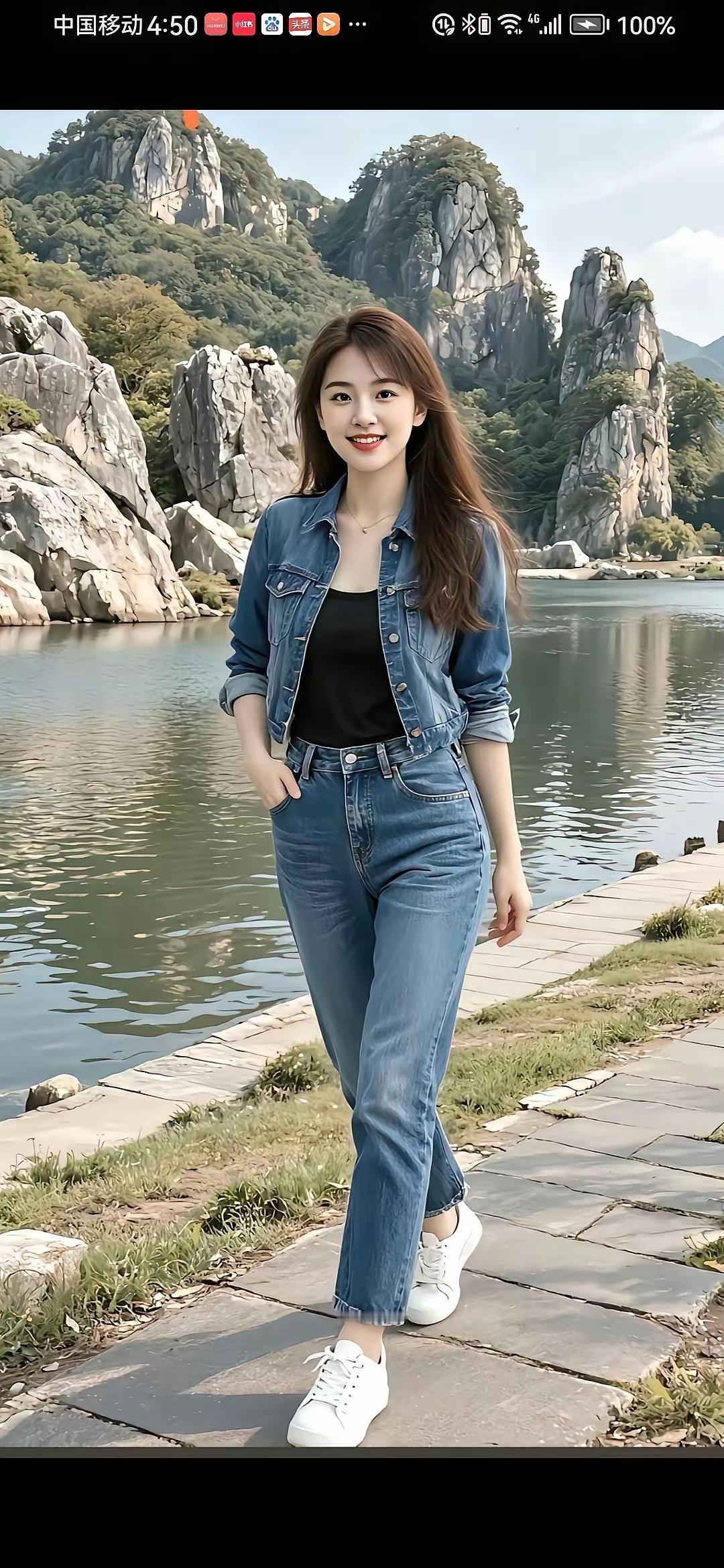 山间漫步，牛仔与自然的完美融合🌿👖👟