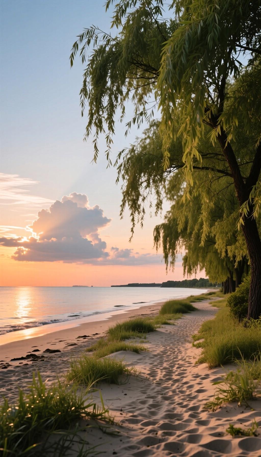 晚风晚风吹落柳边霞，一径清阴覆浅沙。莫问人间多少事，闲观云影落平涯。