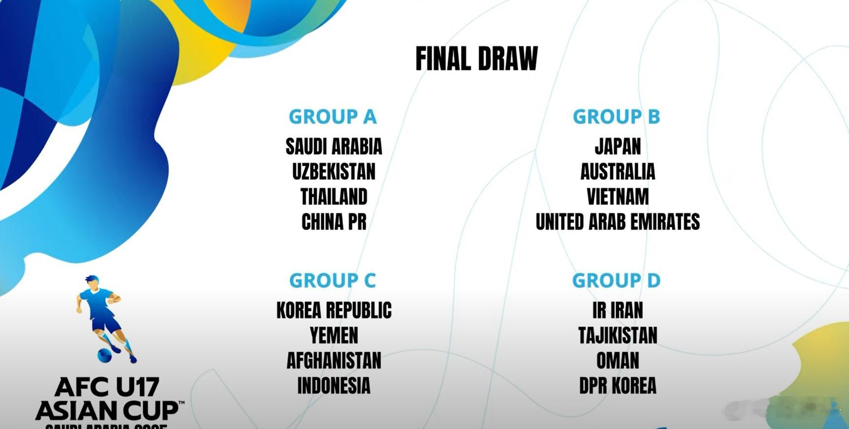 国少U17亚洲杯国足今年4月份沙特U17亚洲杯赛的总的分组抽签情况[