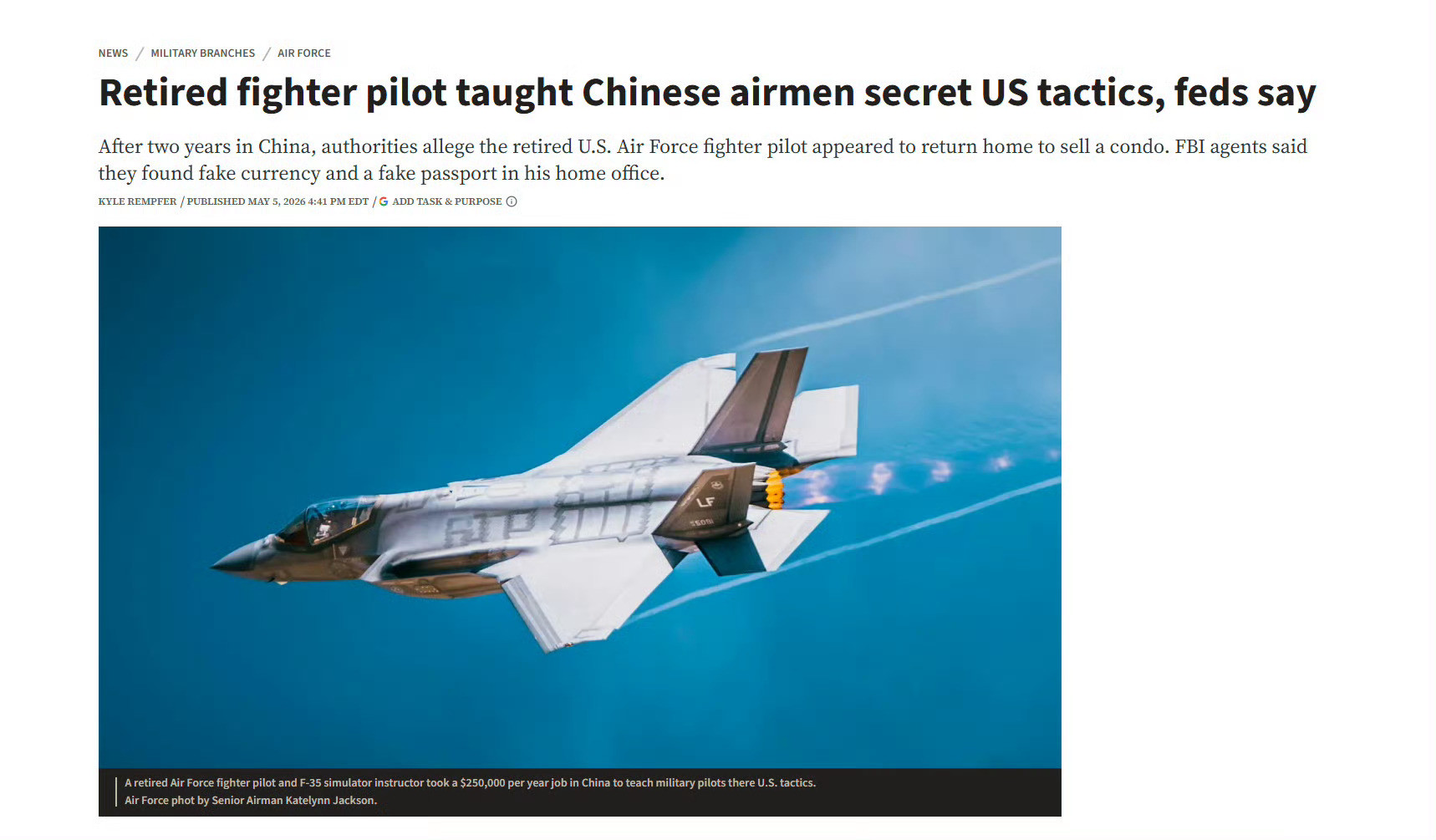 美国退役飞行员被抓疑似传授中国空军空战战术根据美国网络媒体“任务与目的”报道，