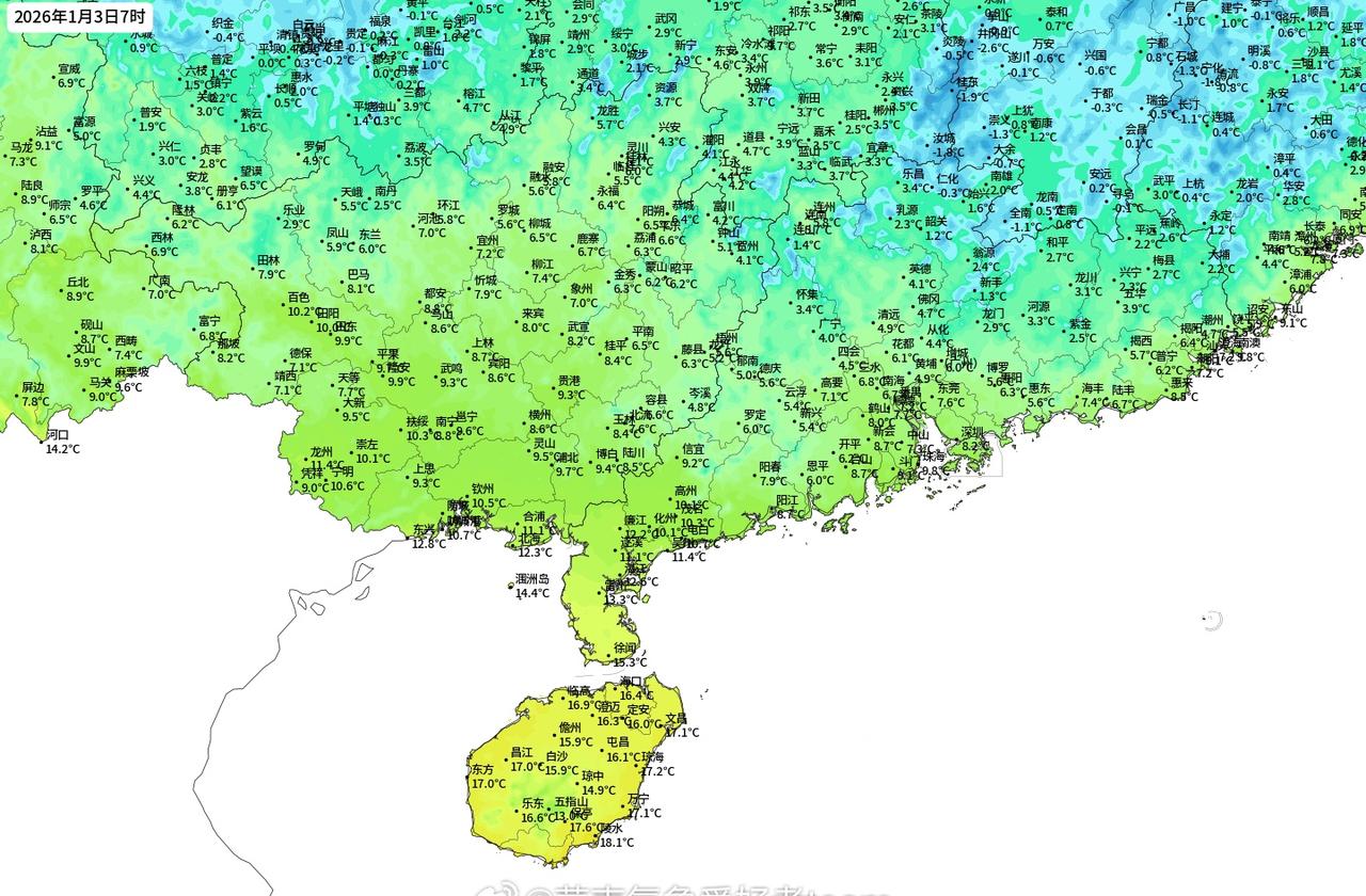 【1月上旬持续干燥寒冷】今天清晨在晴空辐射降温和冷平流的共同加持下华南绝大部分地