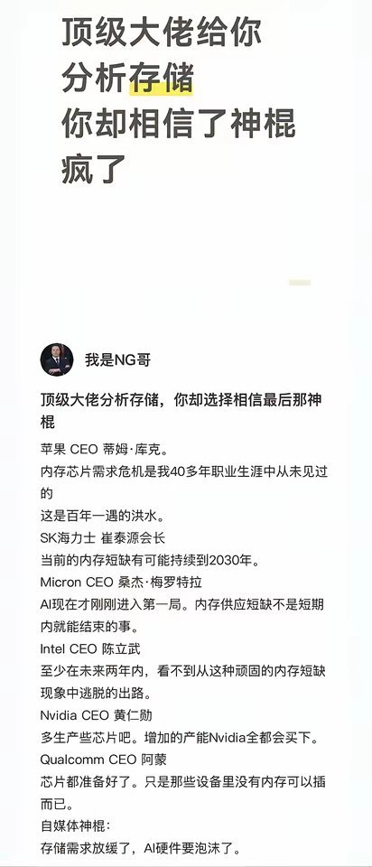 顶级大佬们都在分析存储，认真你就真的输了！存储芯片神话已破！别死守执念。库克喊“