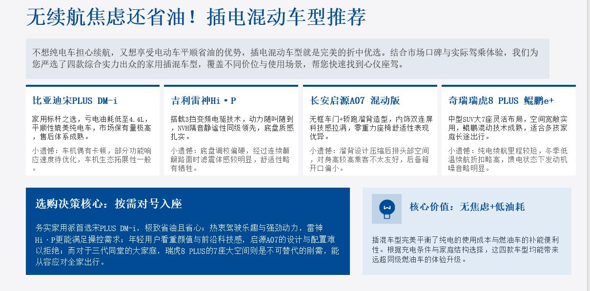 多车选买推荐：无续航焦虑还省油！4款主流插混车型到店体验，家用出行全能选手不