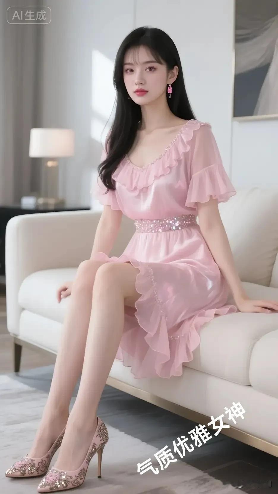 温柔可爱的女生你喜欢吗?她一袭粉裙，荷叶边漾着温柔，亮片腰封与绣花高跟鞋点亮精