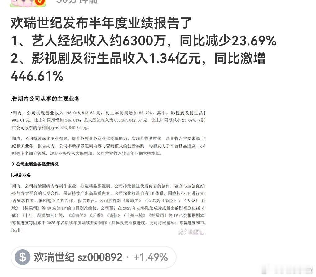 欢瑞上半年播了个毛啊就涨？​​​
