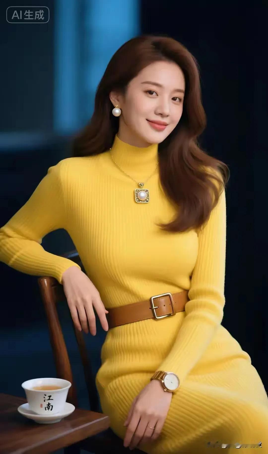 绝色佳人，一袭黄色针织衣裙，优雅端庄千娇百媚，仪态万方花容月貌，娇艳妩媚