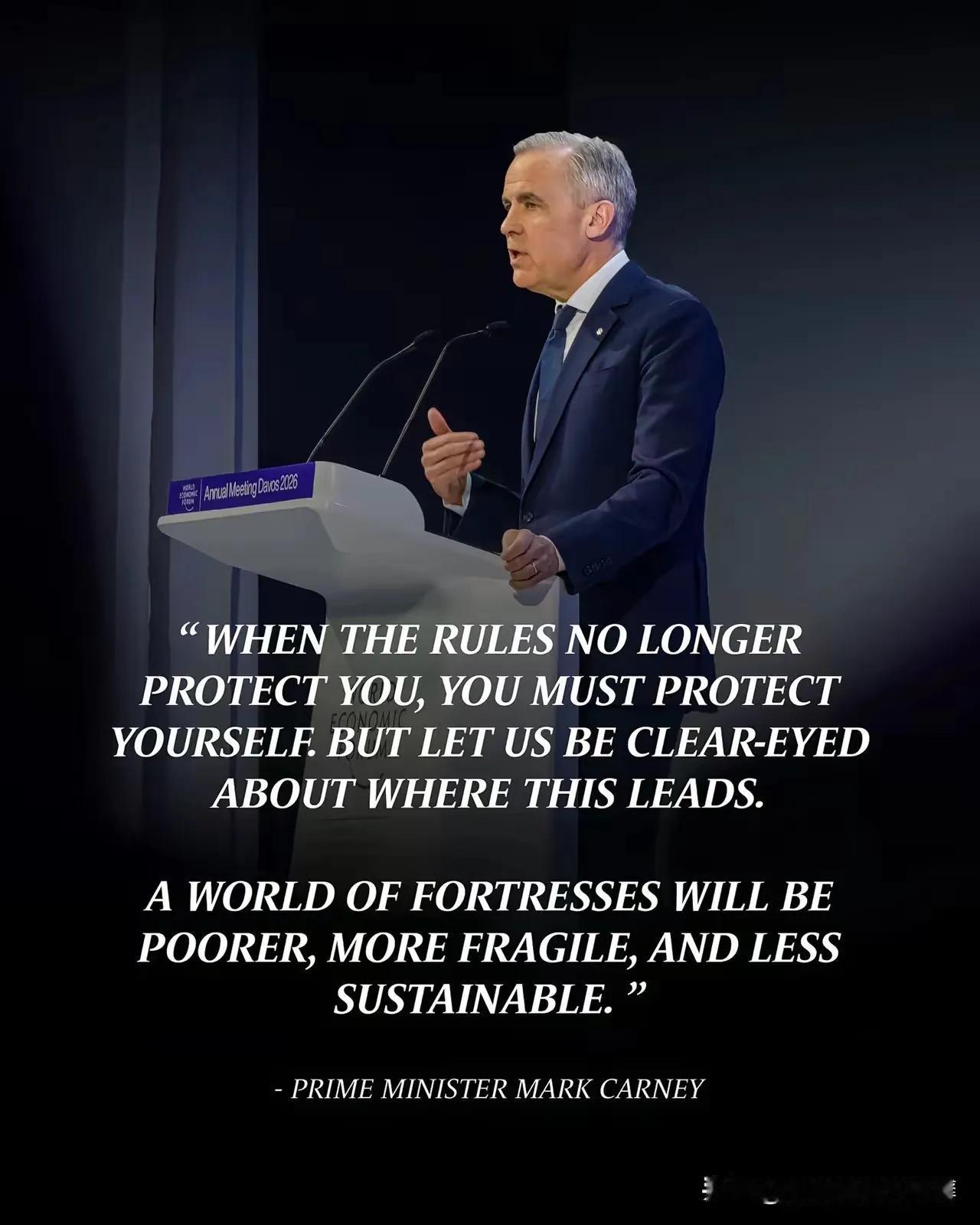 1月20日，加拿大总理卡尼在瑞士达沃斯论坛上演讲：“强国可以选择单打独斗。他们有