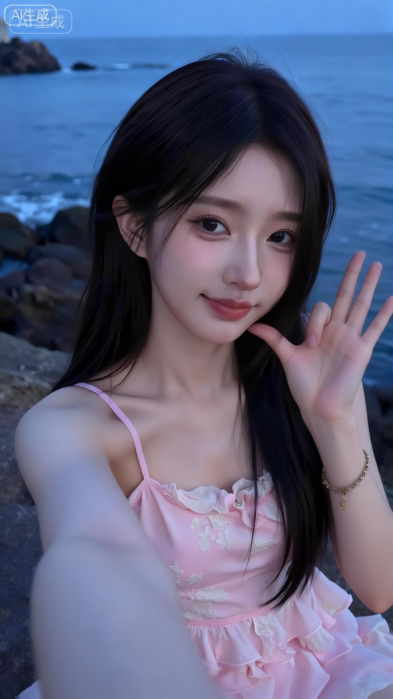 海边暮色里的粉甜妹好温柔粉吊带裙裹着柔纱边，像把晚霞揉进裙摆里，比耶的笑里