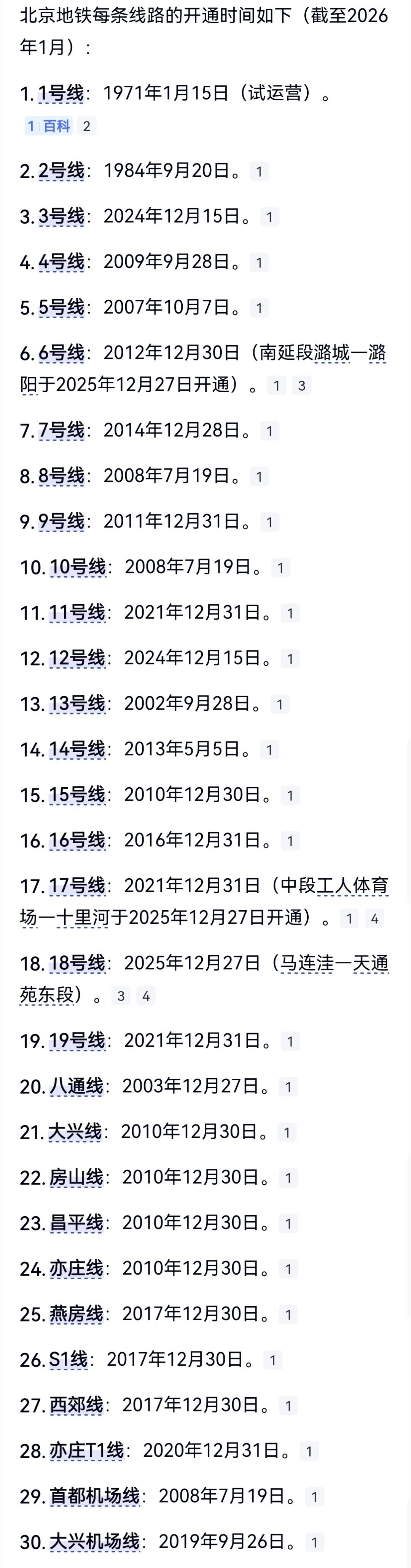 北京地铁每条线路的开通时间，最早的一号线已经开通55年了。。