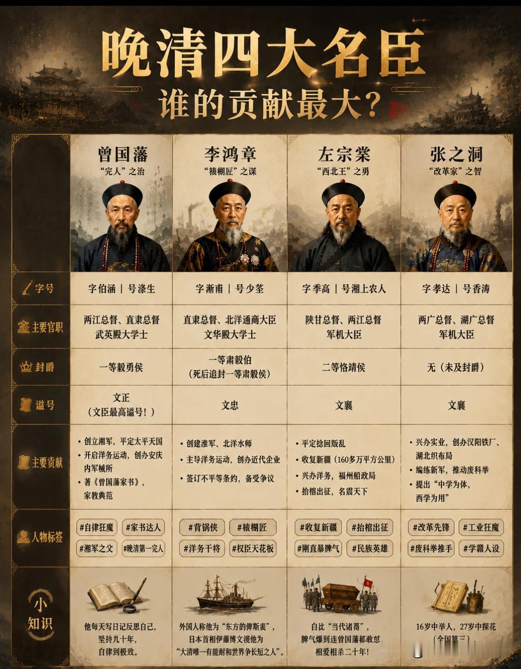 晚清四大名臣谁的作用最大？四个人，不同时代有不同作用吧，看爵位的话，曾国藩是一等