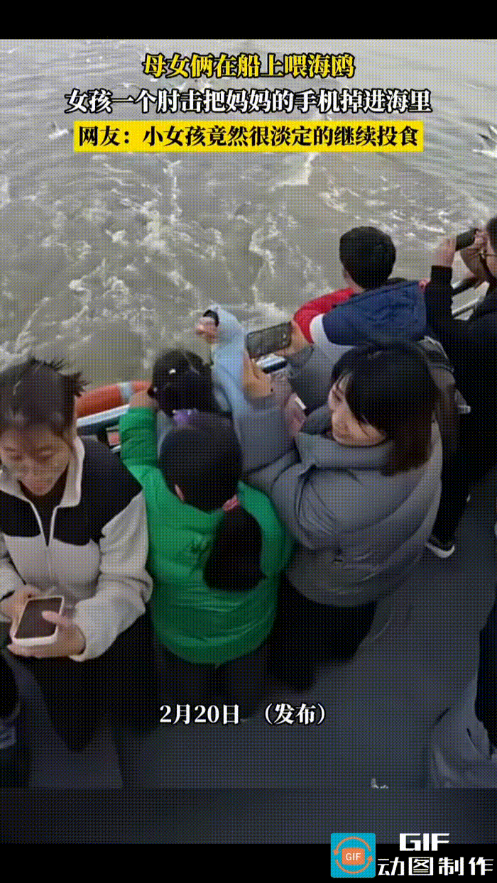 母女俩在船上投喂海鸥，女儿把食物投向空中飞翔的海鸥，母亲站在她身旁举着手机拍摄。