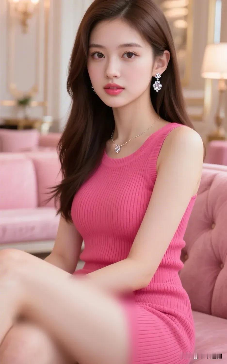 玫红裙缠钻光，棕长发漾开甜美的热烈落落大方文案知性大姐姐文案玫红渐变粉