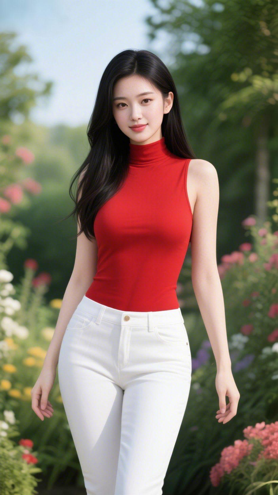 红衫伴春行晴风裹着花色漫过园间，她身上的红衫像盛了半缕霞的明暖。无袖领角轻