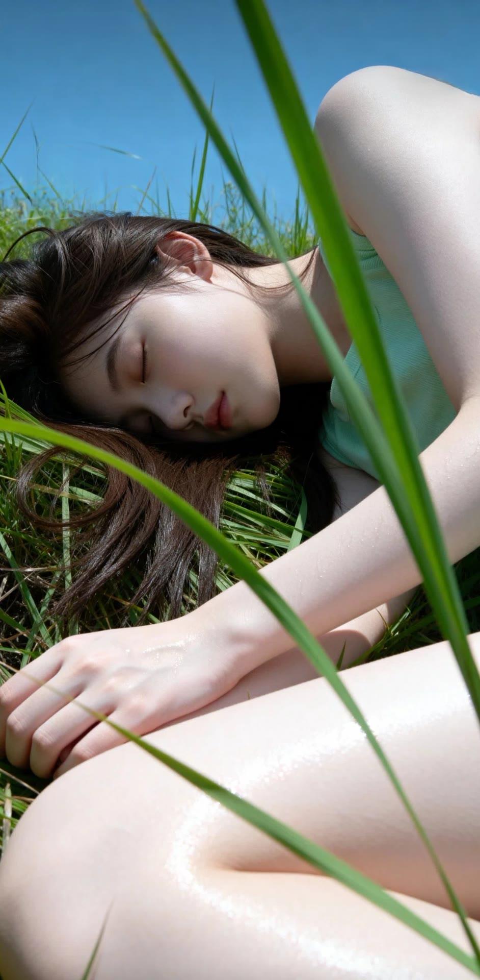 阳光洒落，少女沉睡在草地上，宁静而美好。