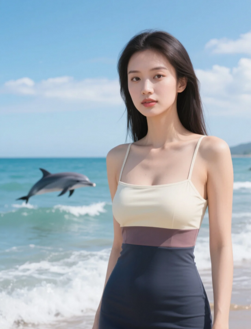 踏入蓝色童话，小姐姐与海豚邂逅浪漫奇缘