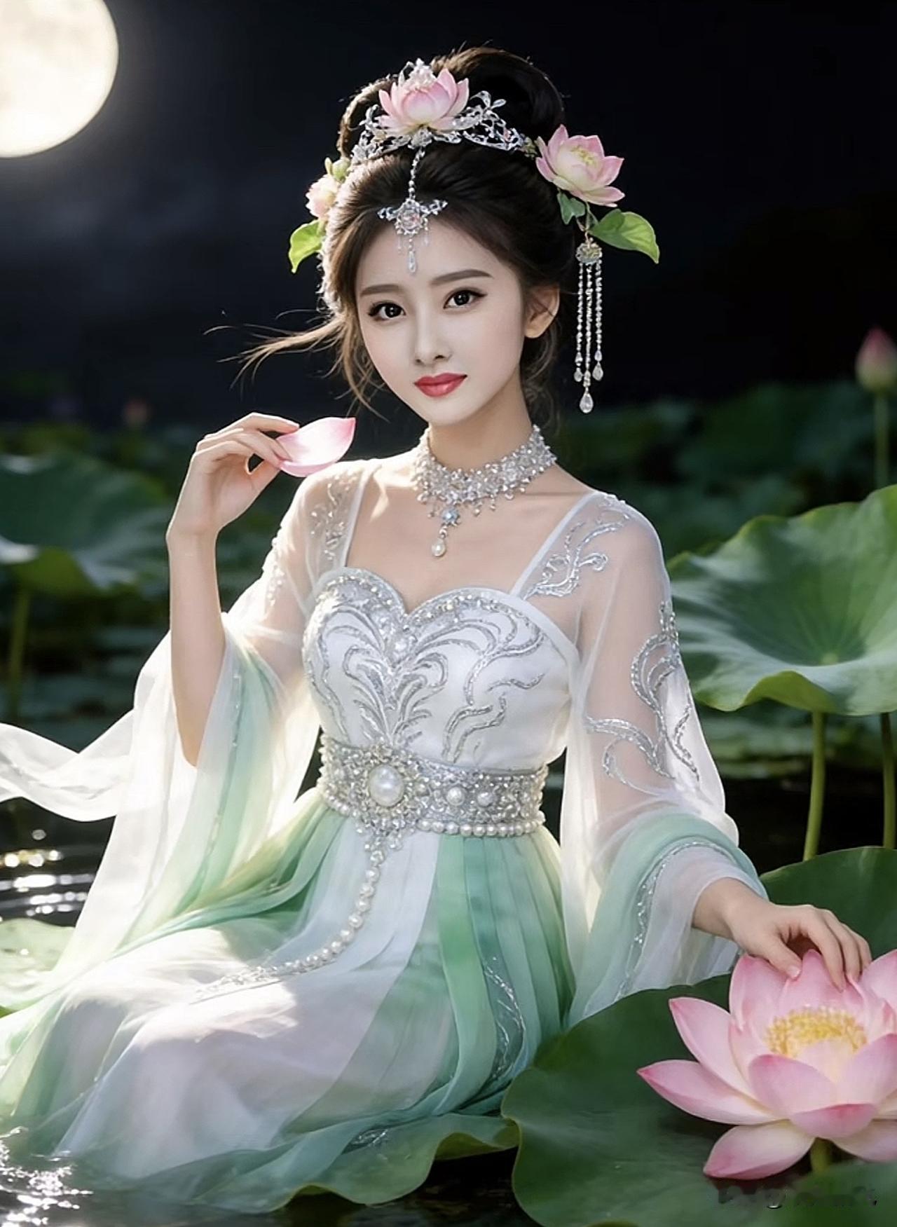 梦幻仙境中的仙女，莲花盛开，月色如水。梦幻花海仙女莲花仙境写真莲花上的仙子