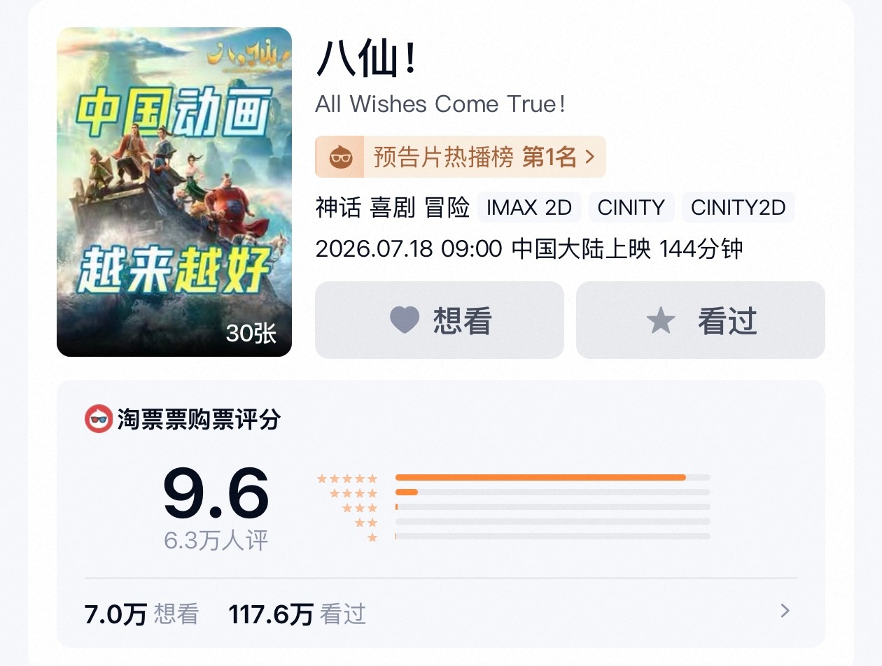 还挺多朋友推荐看《八仙》的，看来这部应该还行，本来我对动画片不怎么感兴趣的都想去