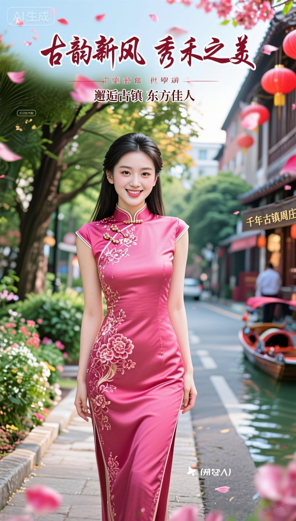 穿着旗袍的姑娘在古镇漫步。