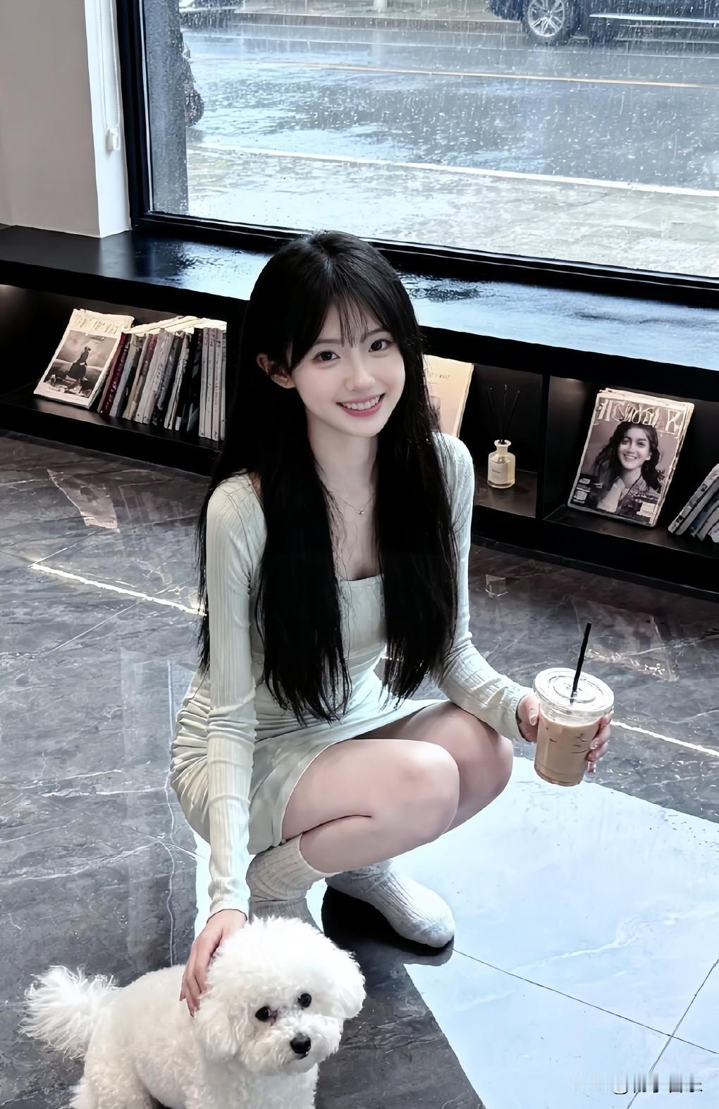雨天躲进咖啡店，偶遇甜美小姐姐正和软萌狗狗贴贴，笑眼弯弯，元气值拉满。分享治愈系