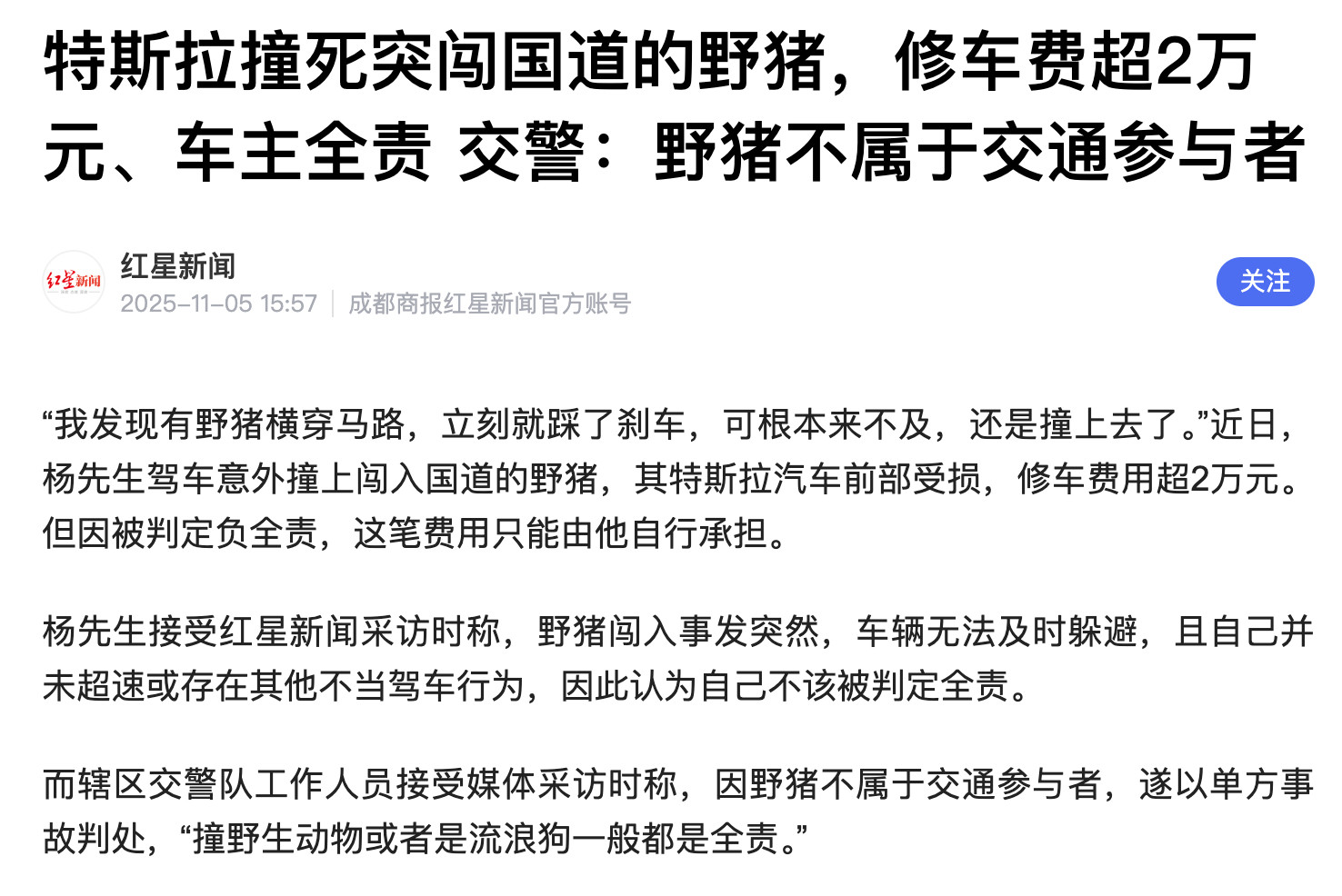 特斯拉车主撞死野猪负全责这是安徽一位车主亲历的事行车时撞死一只突闯国道的野猪，超