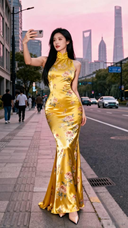 记录我的2026金色旗袍礼服长裙美女国内街头写真。旗袍美女礼服长裙高雅气质美