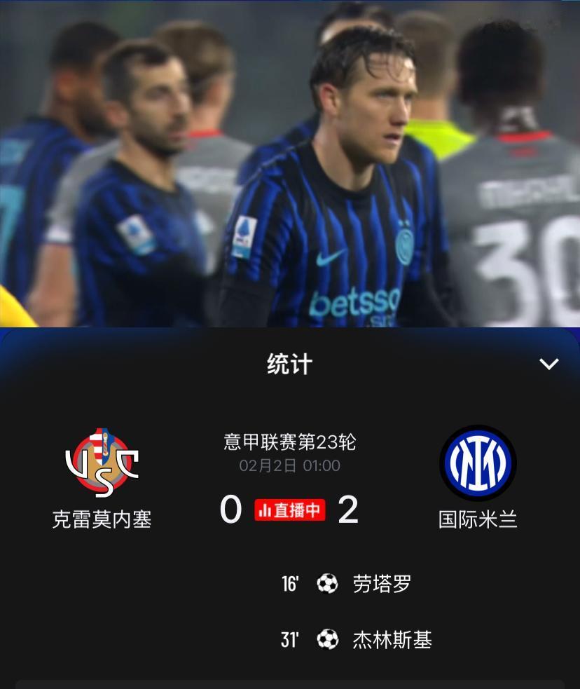 虐菜贼稳！意甲第23轮国际米兰客场2：0轻取克雷莫内塞，上半场队长劳塔罗接迪马尔