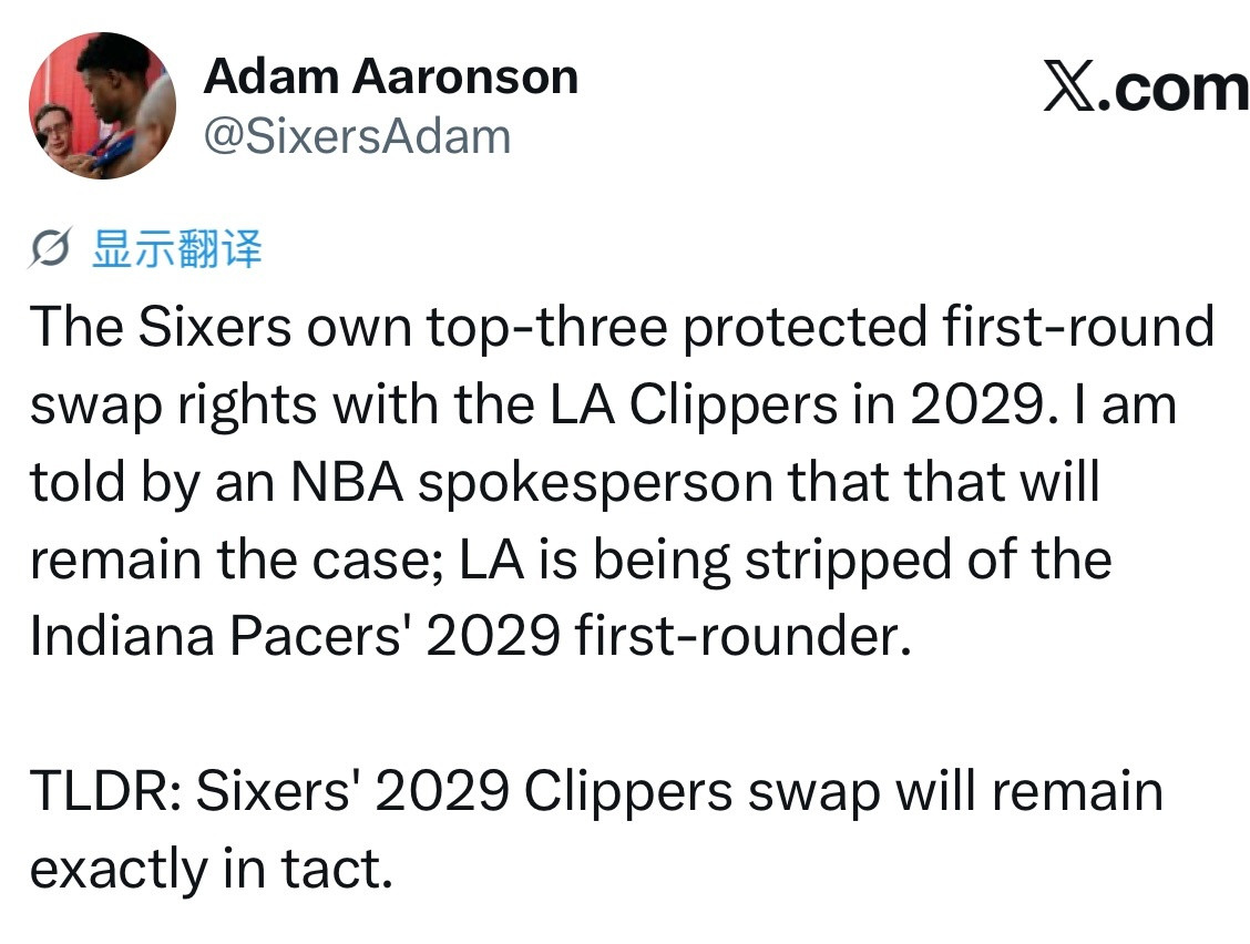 76人持有2029年与洛杉矶快船的前三保护首轮选秀互换权。这一项权利保持不变；快