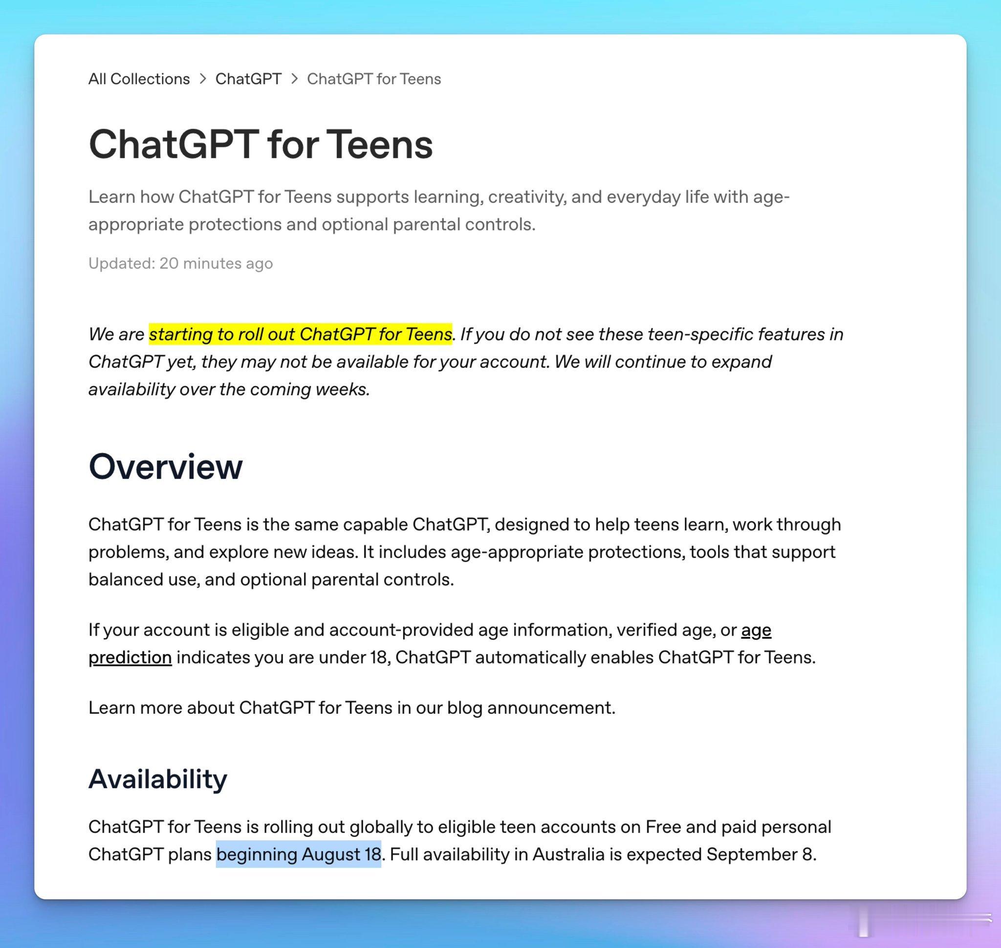 OpenAI正式上线青少年版ChatGPT。它会自动识别13‑17岁用户，自带学
