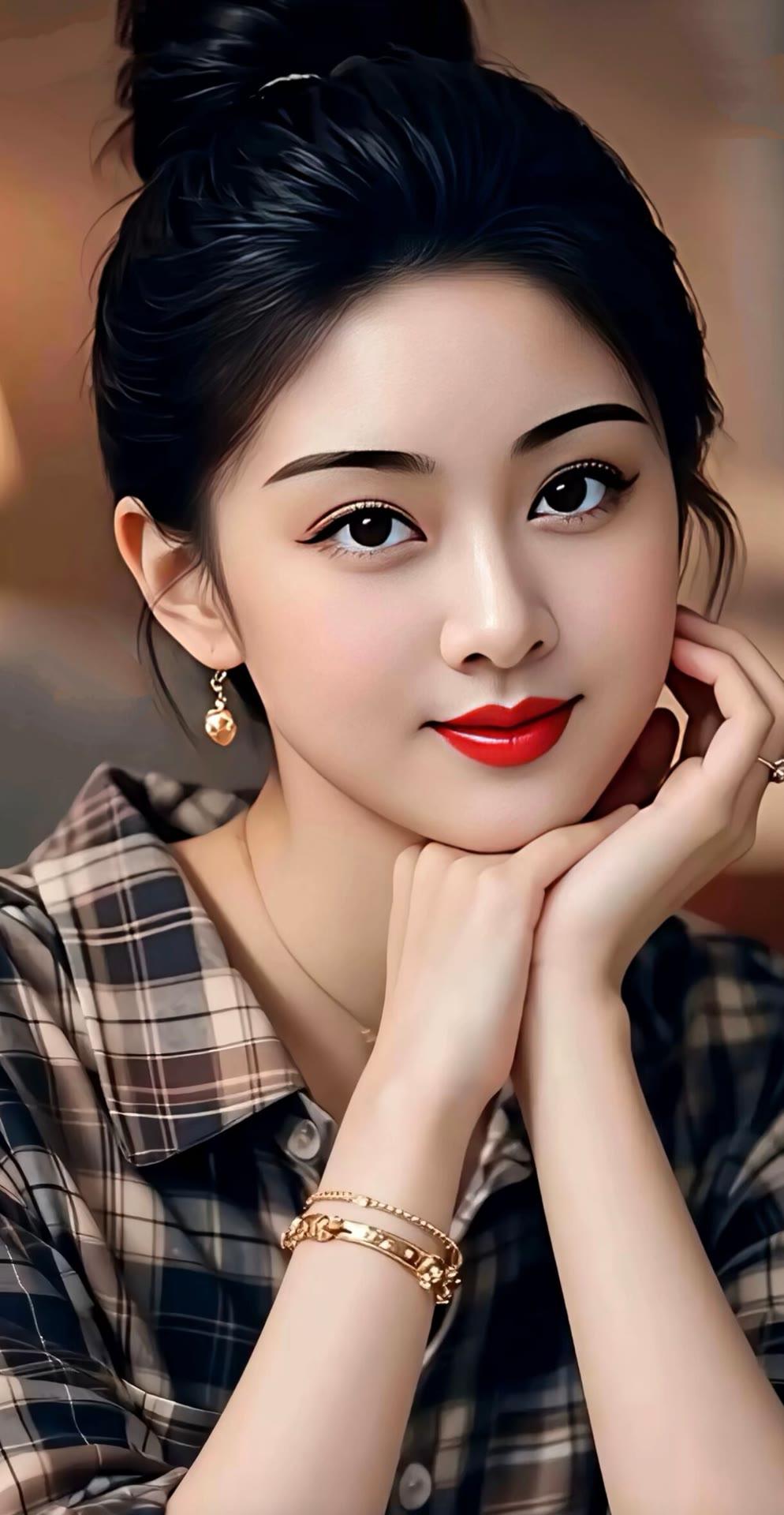 甜美少女风，红唇与耳环的完美搭配，格子衬衫的清新感，轻松打造出时尚又可爱的造型。