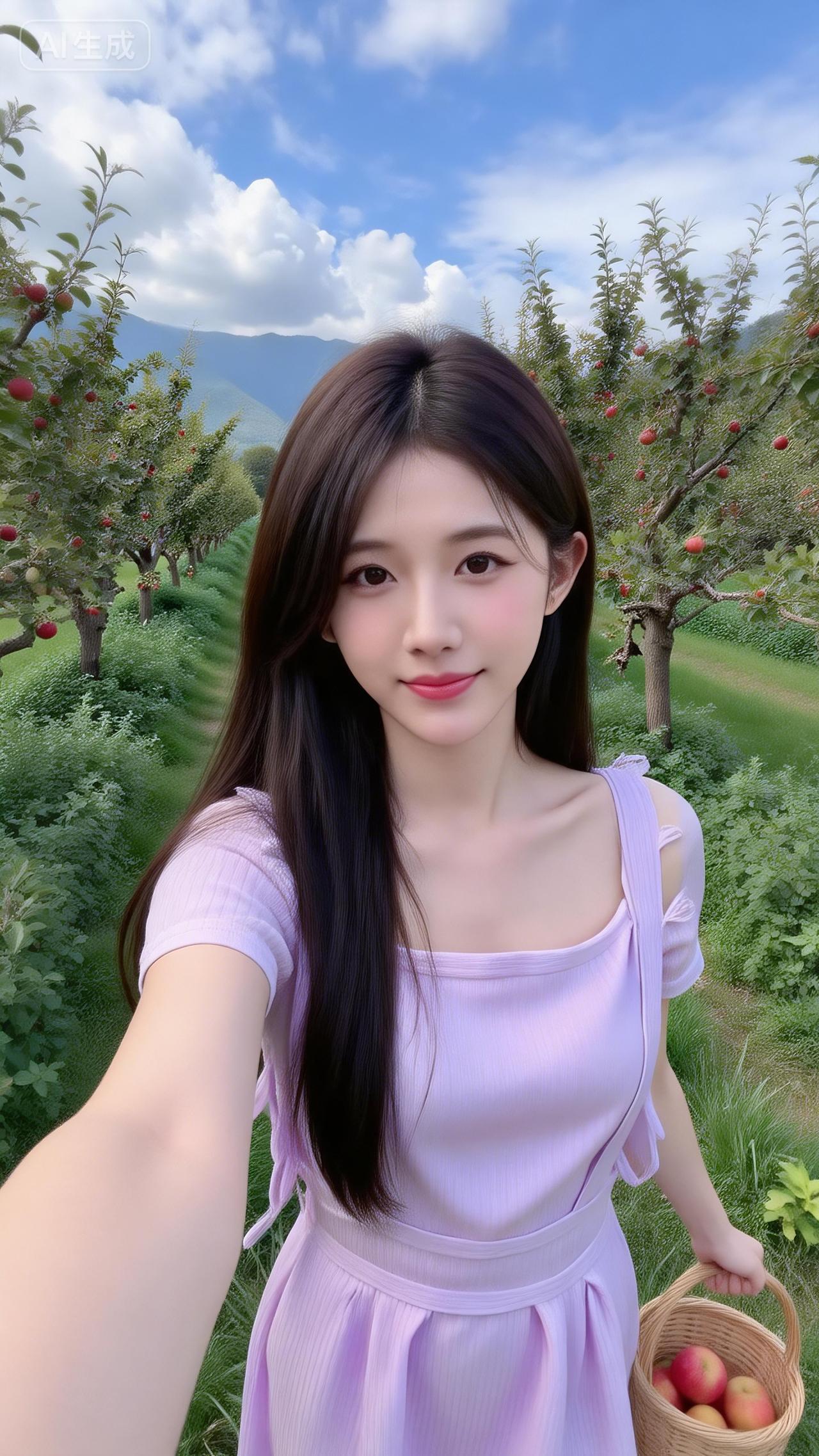 果园里的淡紫系甜妹浅紫连衣裙像裹了层薰衣草香，藤篮里的果子添了点鲜活感~连