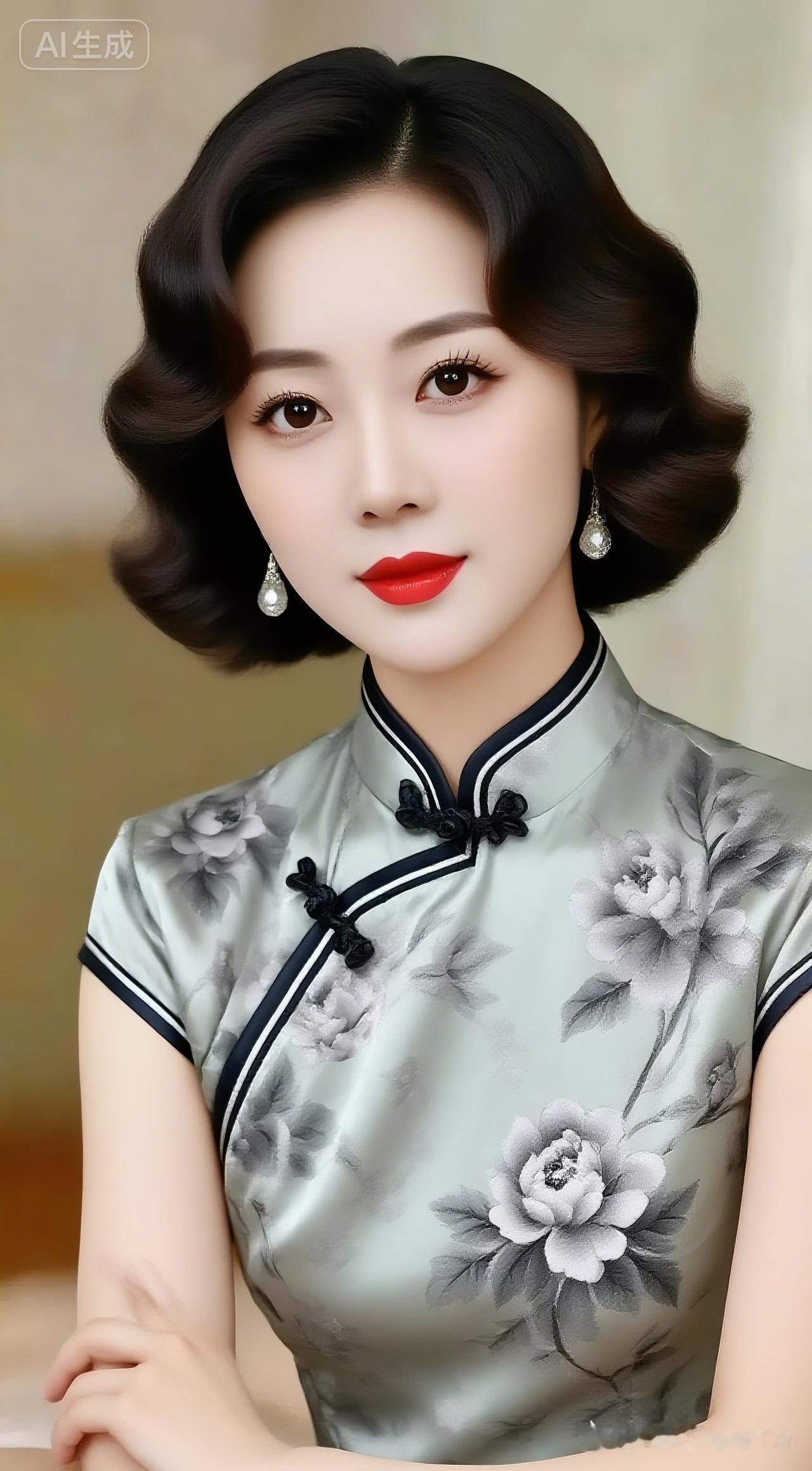 中国美人，柔顺短发微卷，民国风旗袍，半袖，左边衣服带灰色牡丹花图案，精致妆容，眼