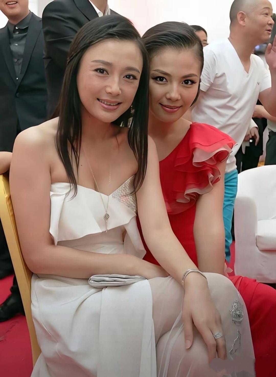 画面中的秦岚胖瘦适宜，秀发垂肩，香肩裸露，满面沧桑，笑容不够自然；一旁的刘涛皮肤