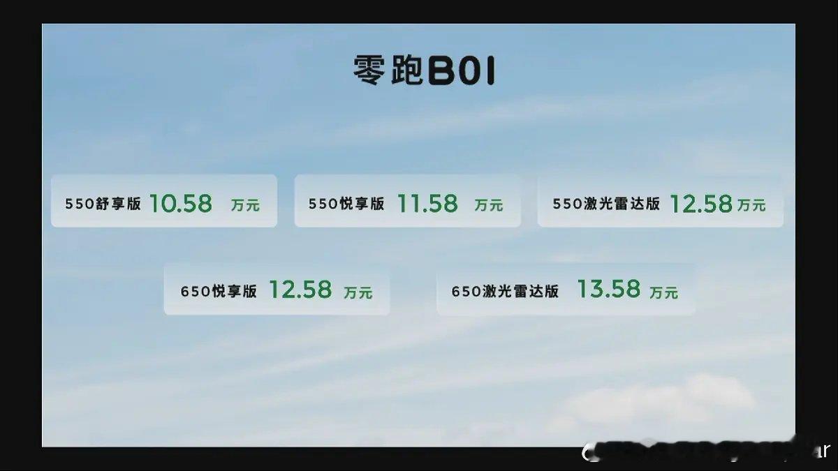 零跑B01正式开启预售，10.58万元-13.58万元，一共五款车型。最高续航6