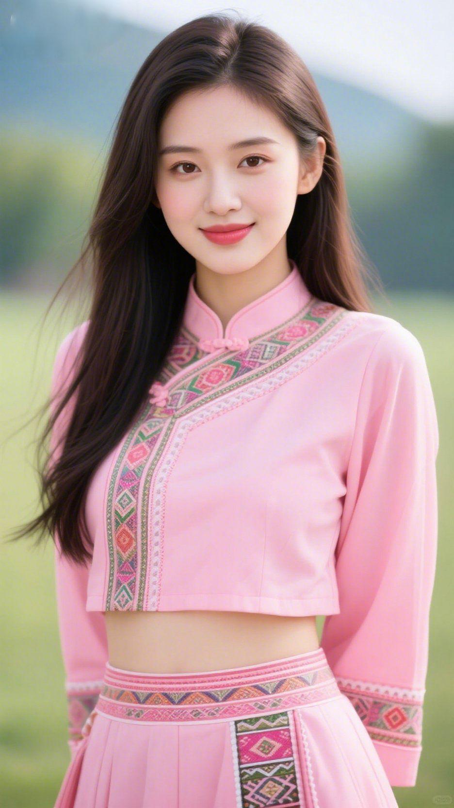 《粉衫裹满民俗春》浅粉色的民族短衫沾着山野的软，衣襟处的彩绣将靛蓝、玫红的