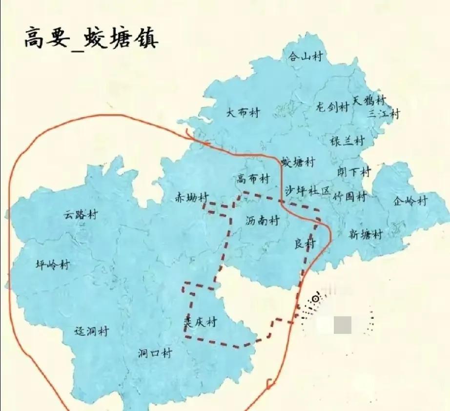 妹仔大过主人婆！这是广东肇庆高要蛟塘镇地图，虚线内是广州新机场范围，虚线内蓝色是
