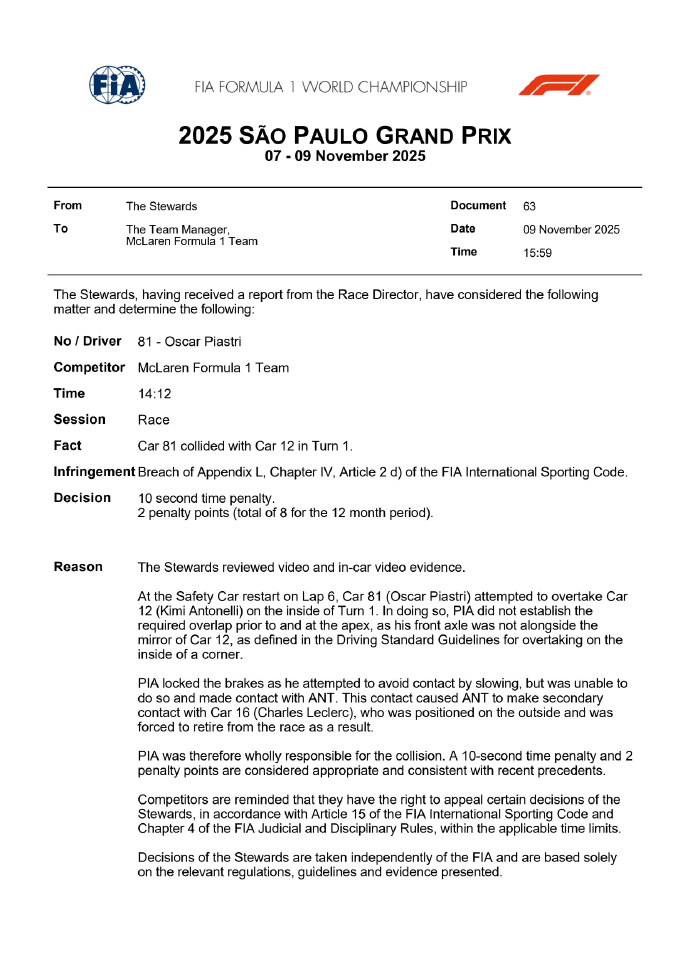 皮亚斯特里因引发三车碰撞, 被罚10秒+驾照扣2分