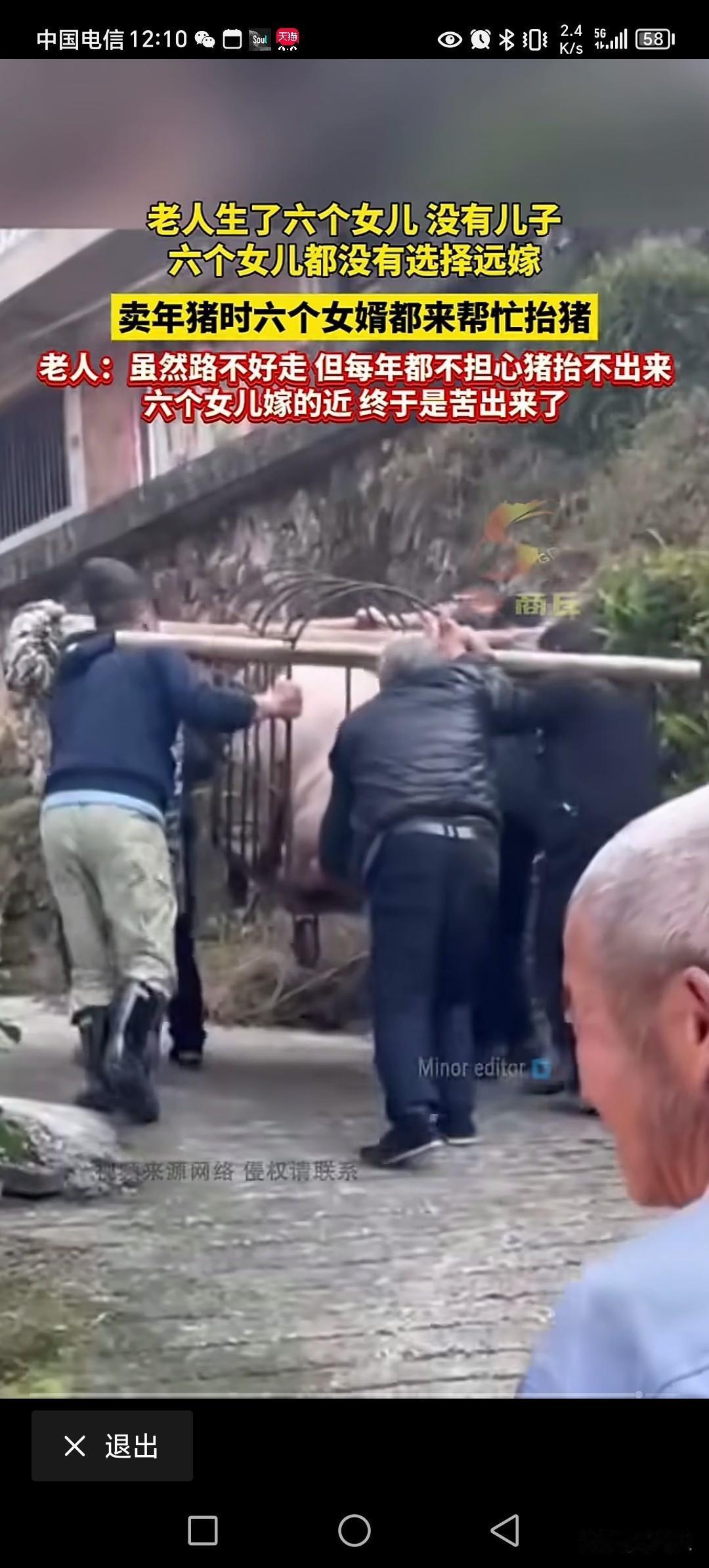 老人生了6个女儿，没有儿子。把6个女儿嫁得近。每年养几头肥猪，6个女婿抬年猪