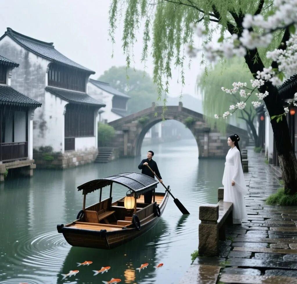 江南水乡，烟雨蒙蒙，一叶扁舟，悠然自得。江南水乡，烟雨蒙蒙，薄雾如纱，轻轻笼着
